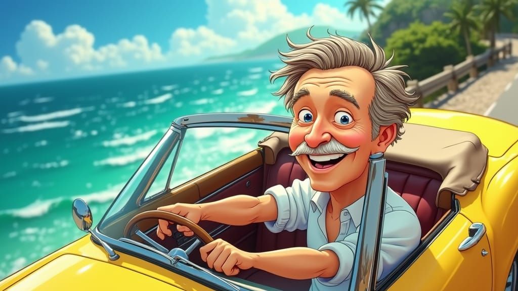 Vibrant Coastal Drive in Whimsical Cartoon Style