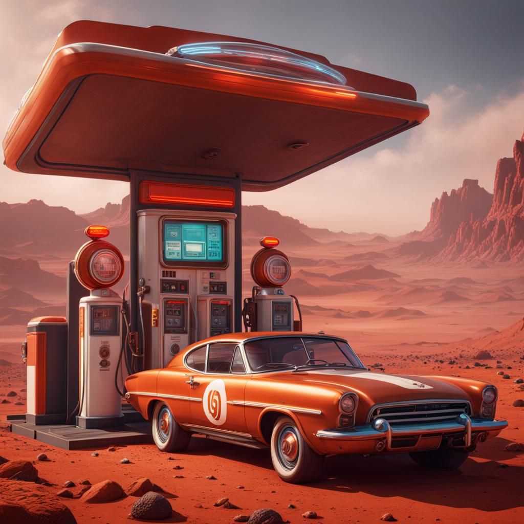 Retro Gas Station on Mars in Detailed Matte Painting