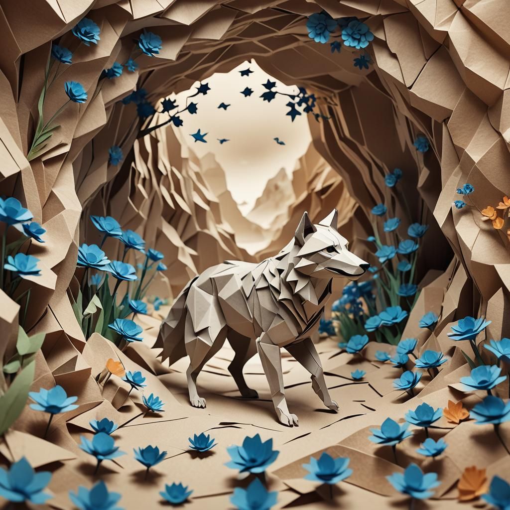 Wolf in Cave with Blue Flowers, Origami Style