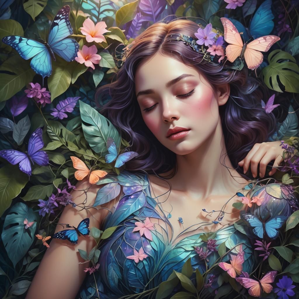 Dreamy Surrealist Paradise: Woman Asleep in Lush Setting