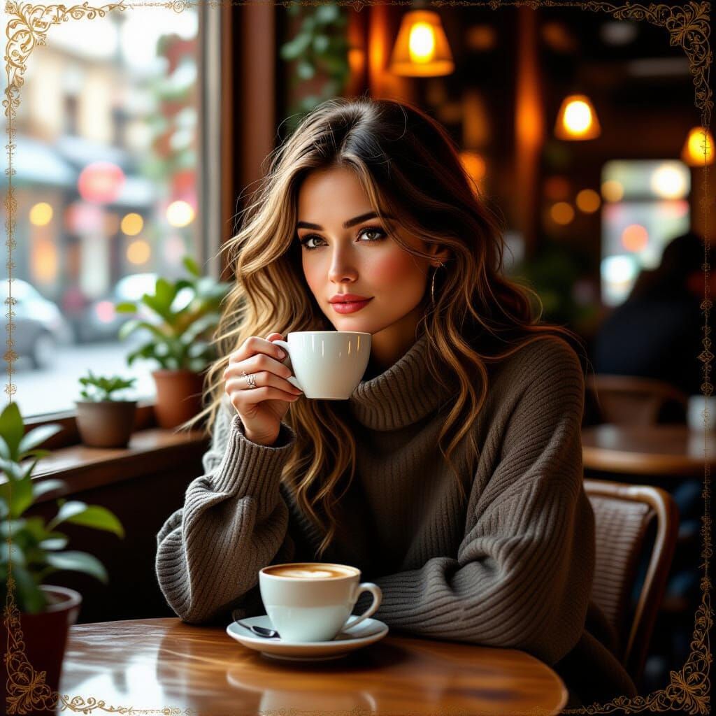 Cafe Contemplation: Woman in Deep Thought, Mucha Style