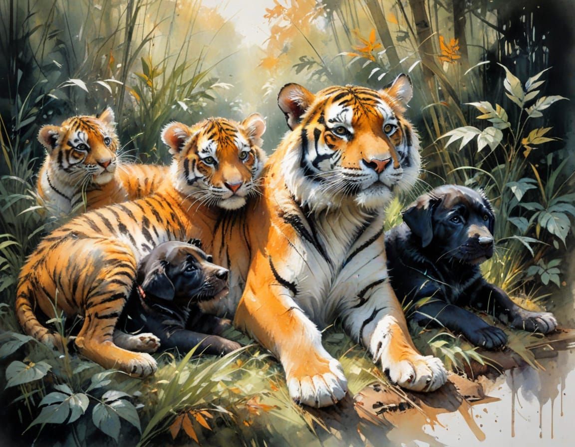 Tiger and Labrador Puppies in Dappled Sunlight Watercolour