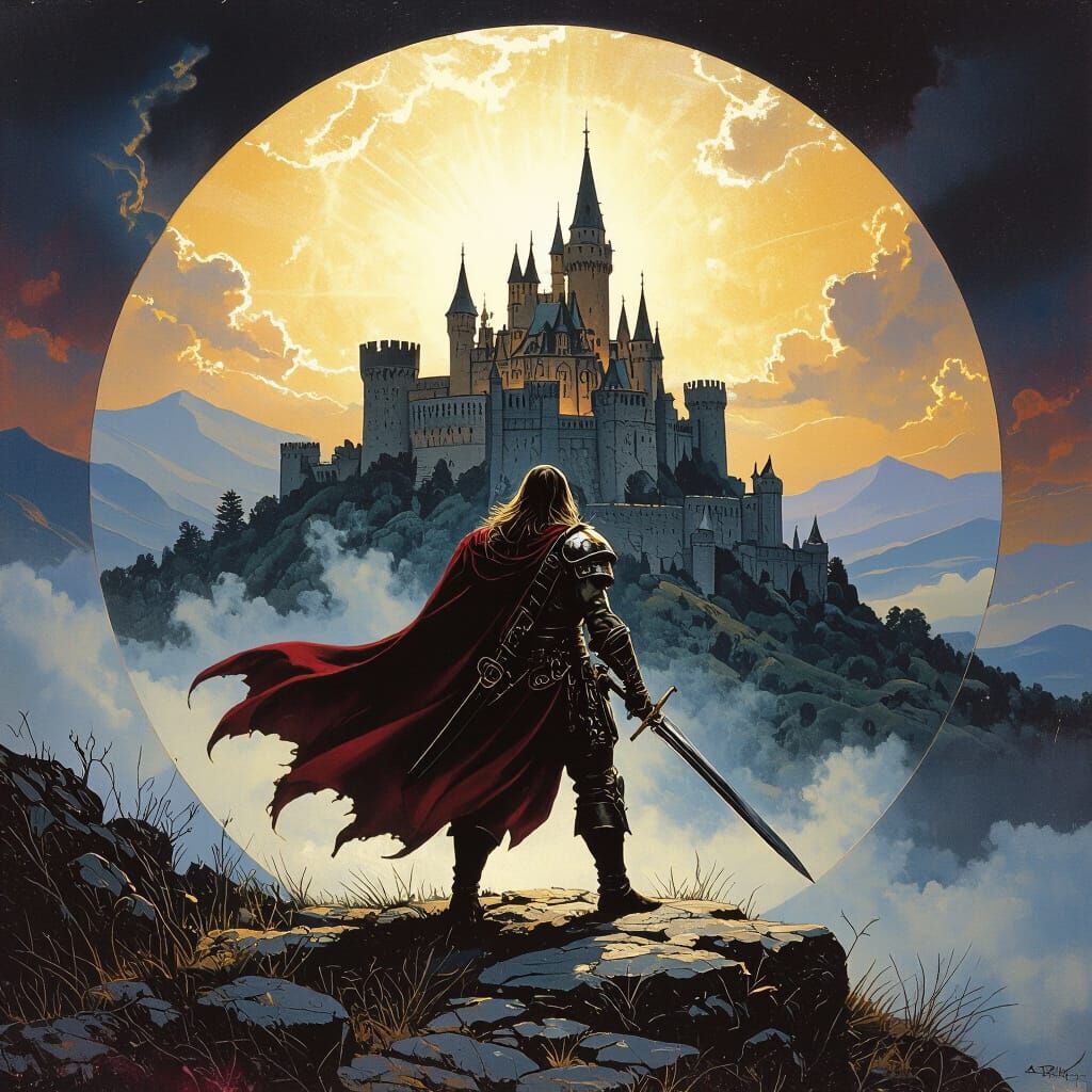 King Arthur with Sword in Circle, Epic Fantasy Style