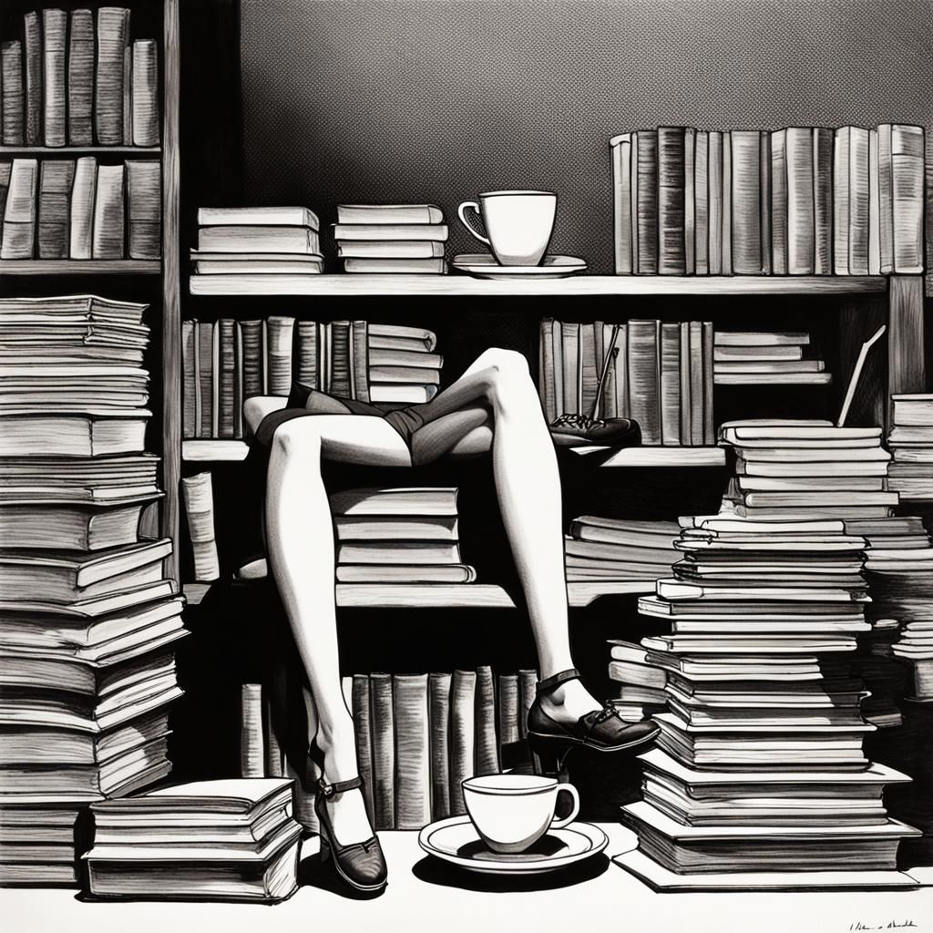 Person With Coffee and Books in Pin-Up Style
