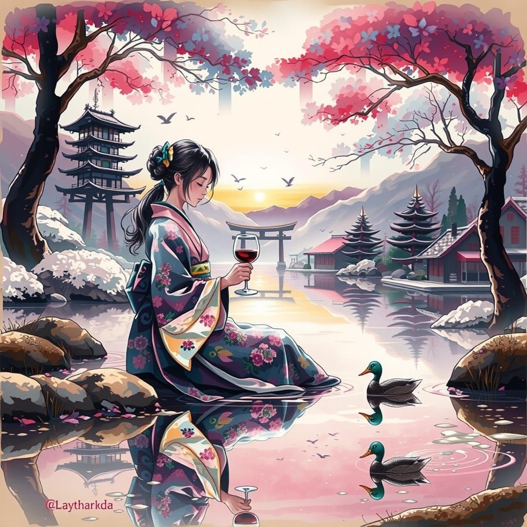 A beautiful Japanese woman sitting at the edge of a lake holding a glass of wine with ducks swimming in the lake. A hous...