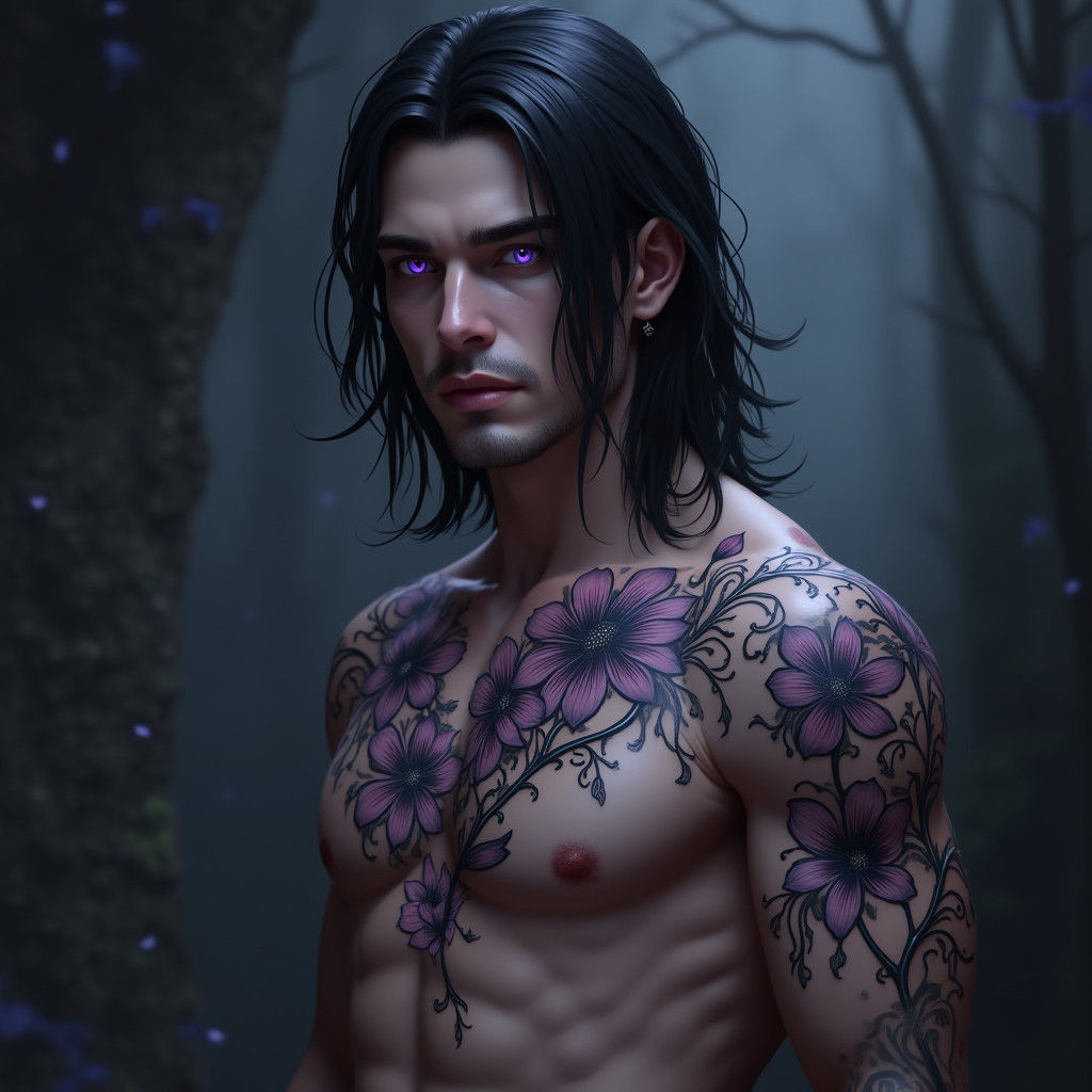 Ethereal Vampire Portrait with Lily Tattoo in Dark Fantasy