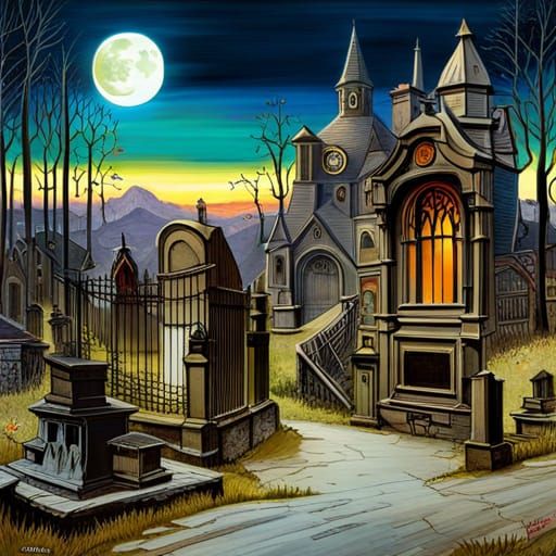 Eerie Haunted Cemetery Collage in Oil on Canvas