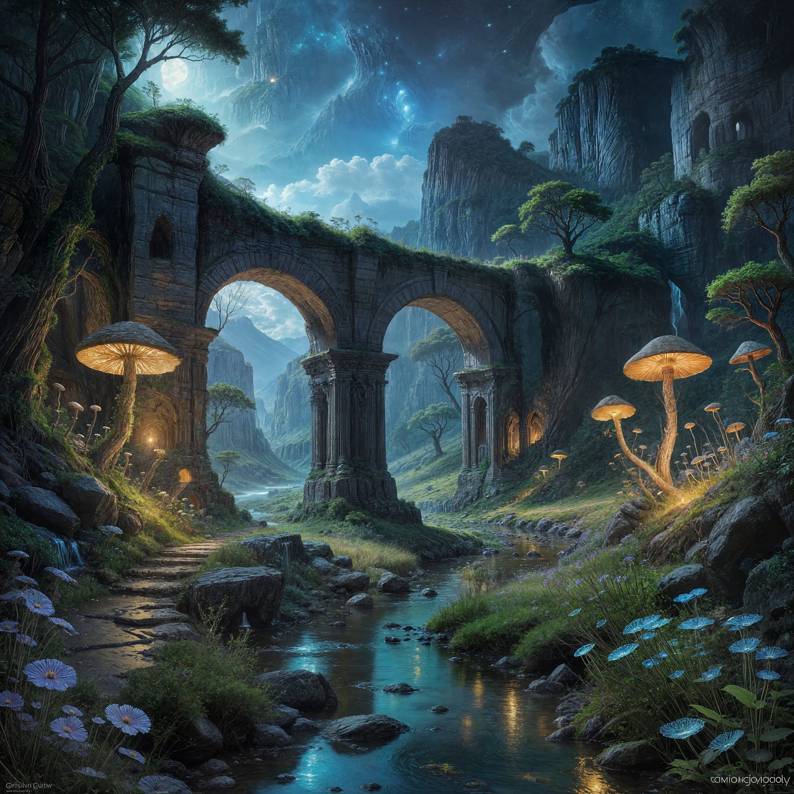 Fantasy Valley with Bioluminescent Mushrooms and Stone Archw...