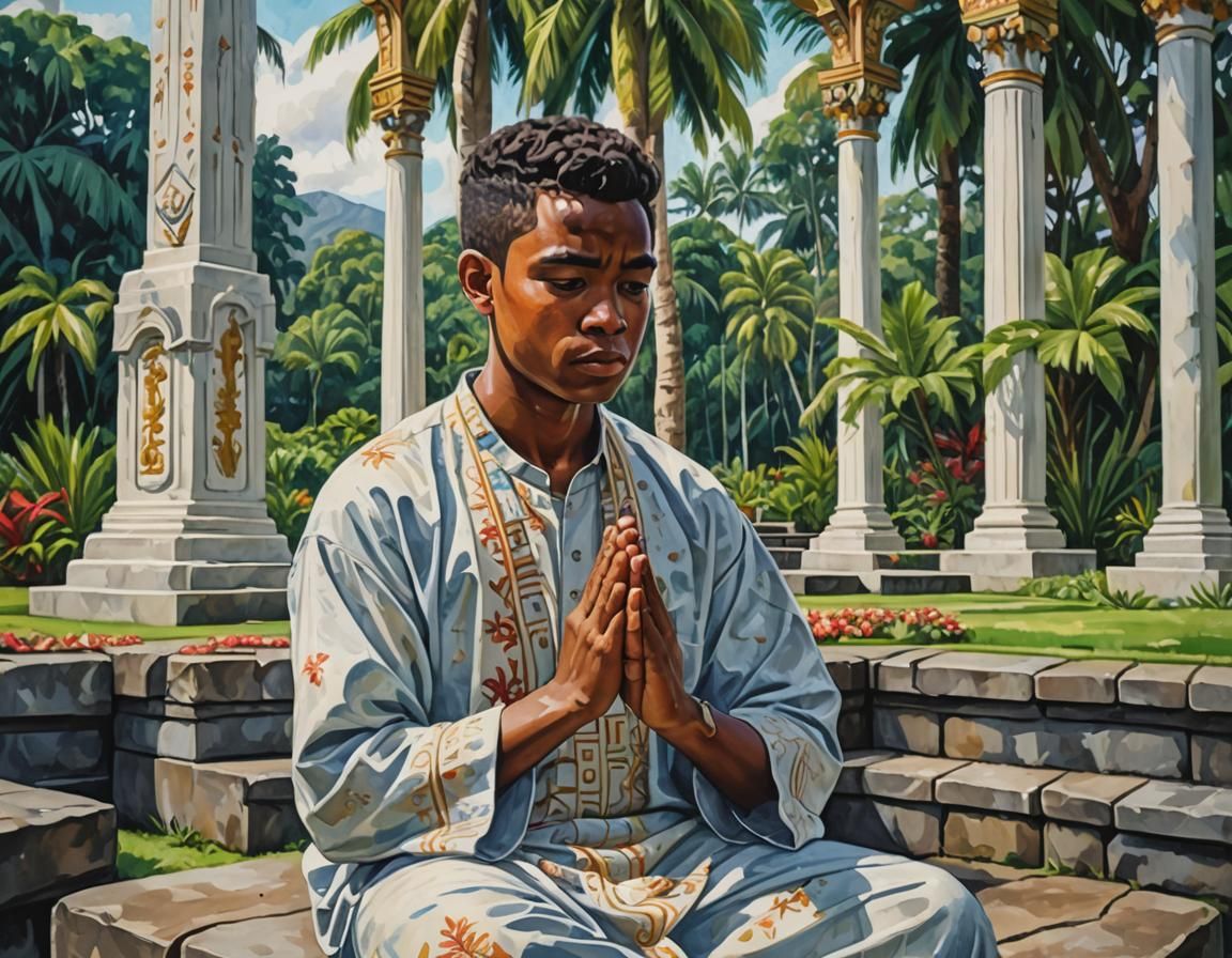 Fijian Boy Praying: Gouache Style Impressionist Masterpiece
