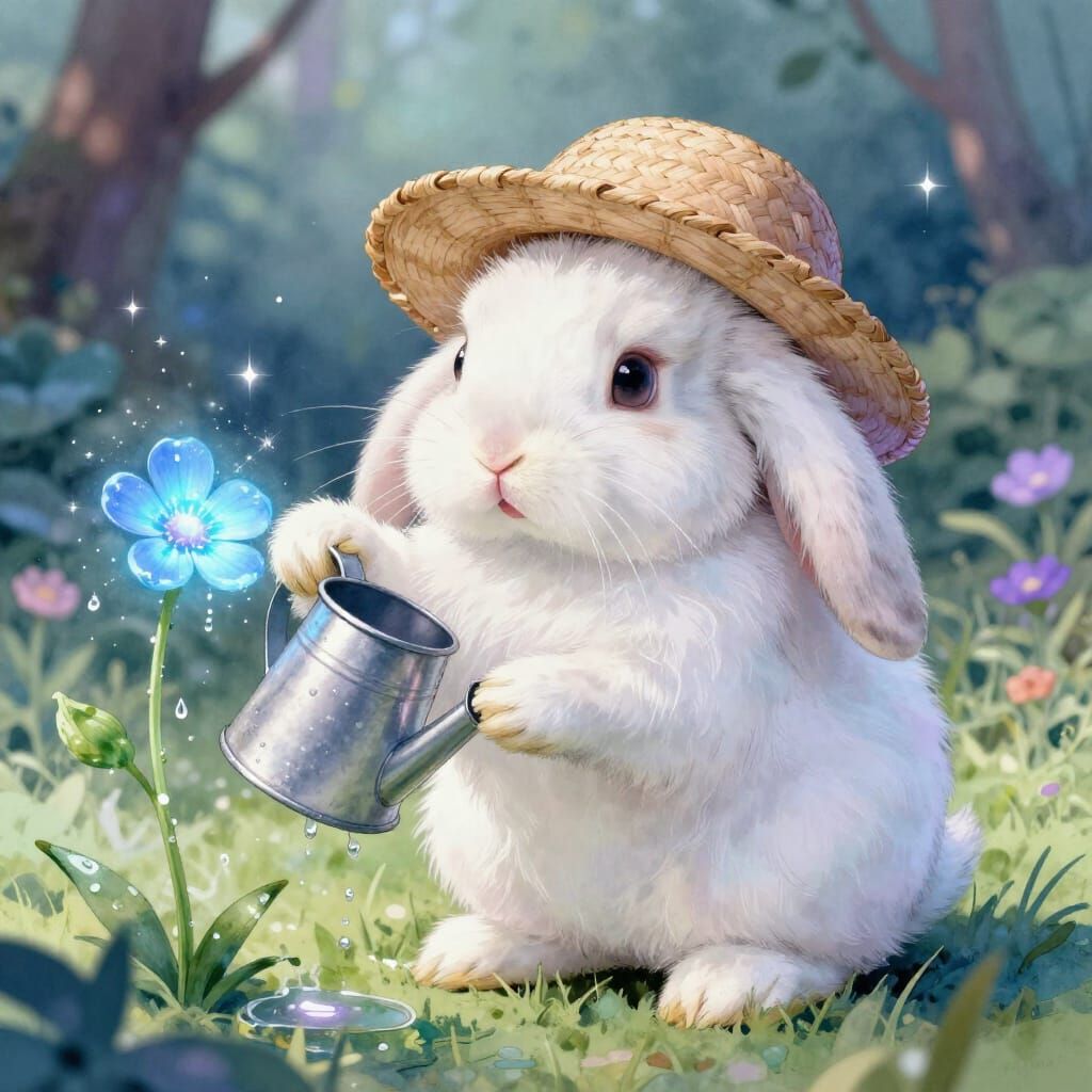 Fluffy Rabbit Watering Glowing Flower in Magical Garden