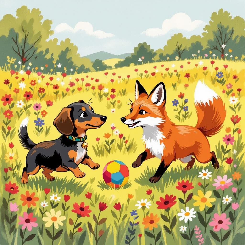 Dachshund and Fox Play in Flower Field, Whimsical Art