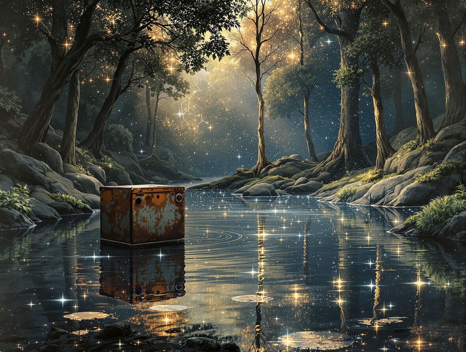 Mystical Forest with Encaustic Painting and Constellations