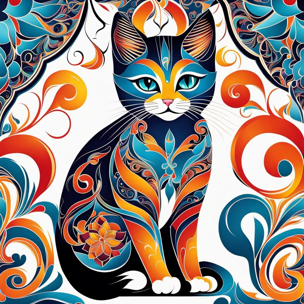 Stylized Kitten Painting with Geometric Patterns