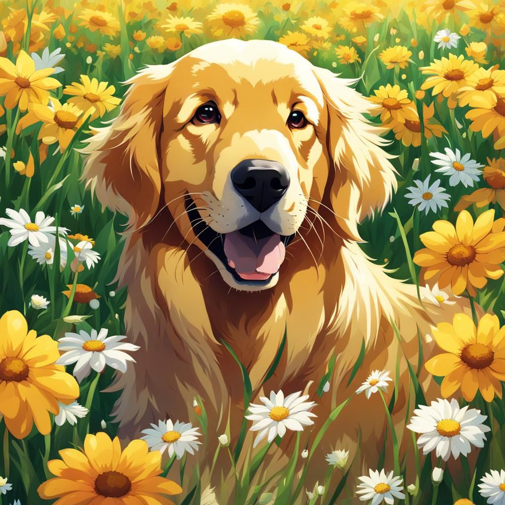 Golden Retriever in Flower Field: Anime Style