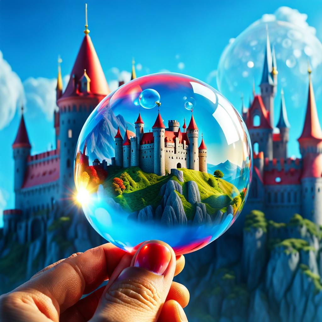 Fantasy World Reflected in Bubble, Hyperrealistic Digital Ar...