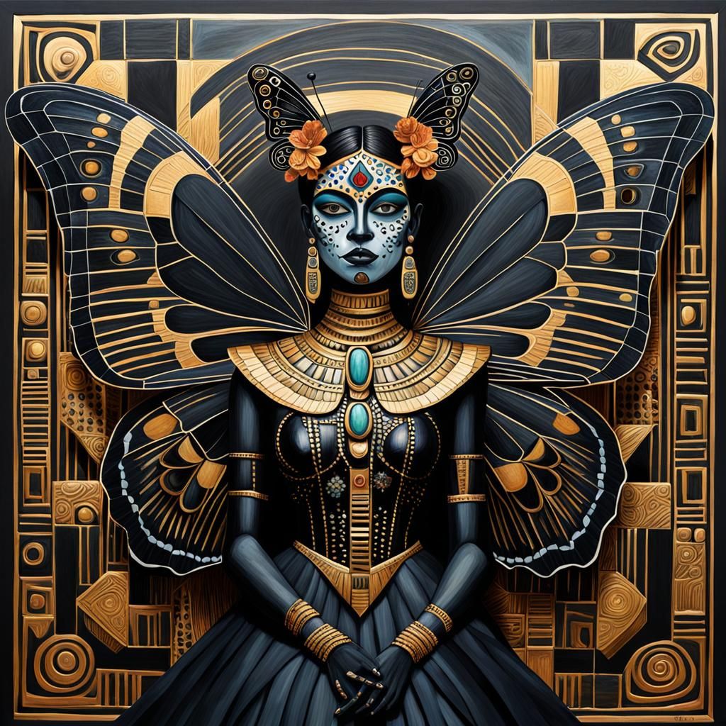 painting on an easel, a pitch black  obsidian butterfly godd...