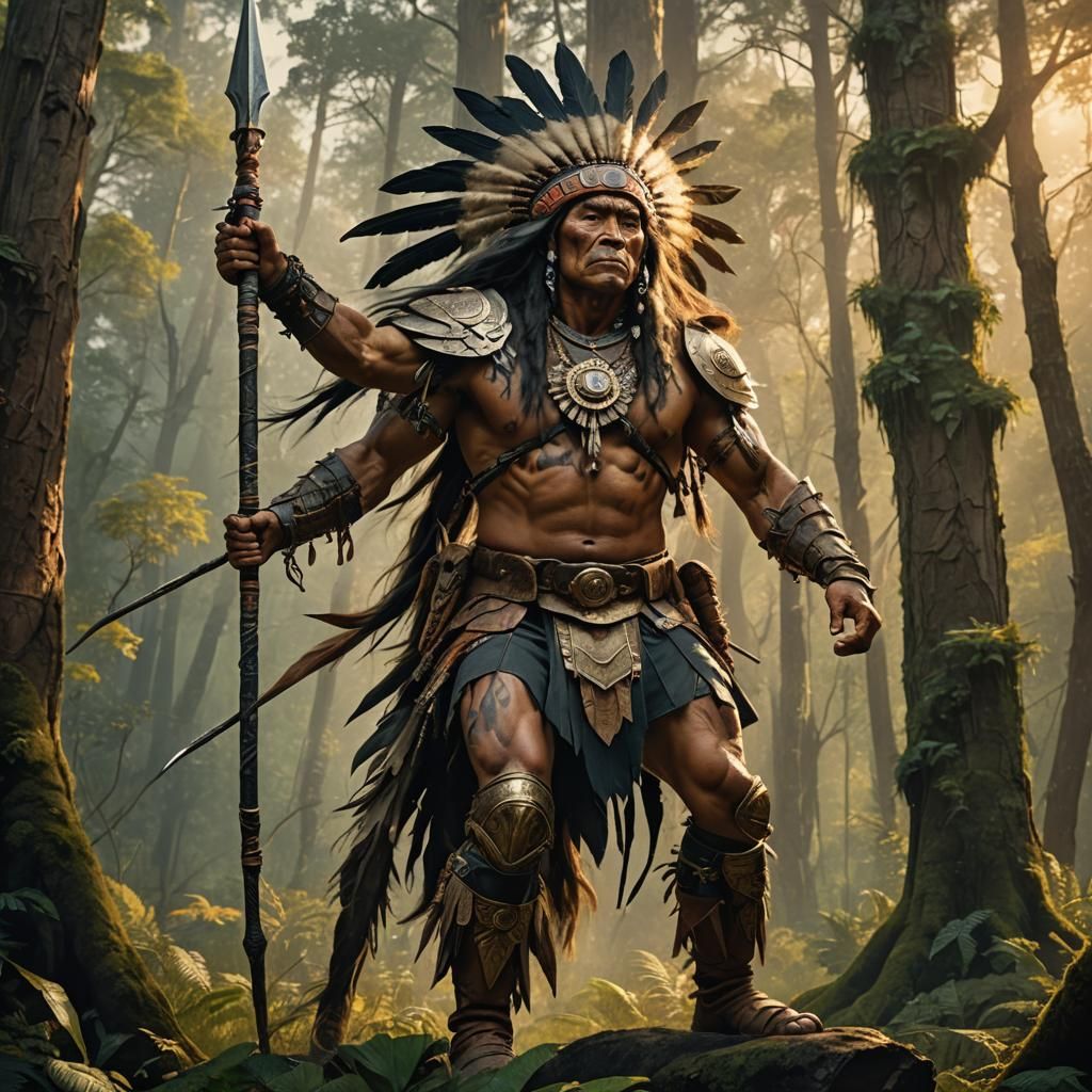 Indigenous War Chief in Lush Forest, Fantasy Art
