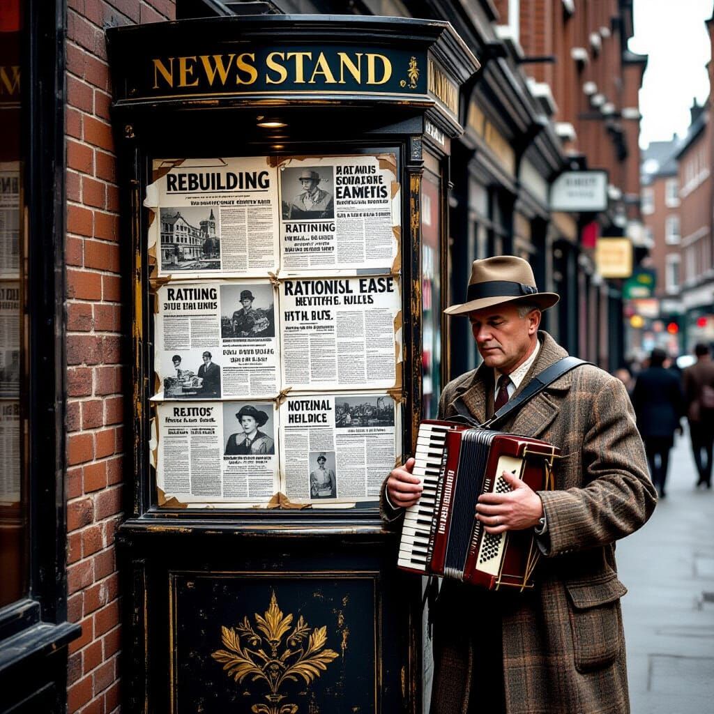 Vintage Newsstand in Post-War London, Gritty Realism