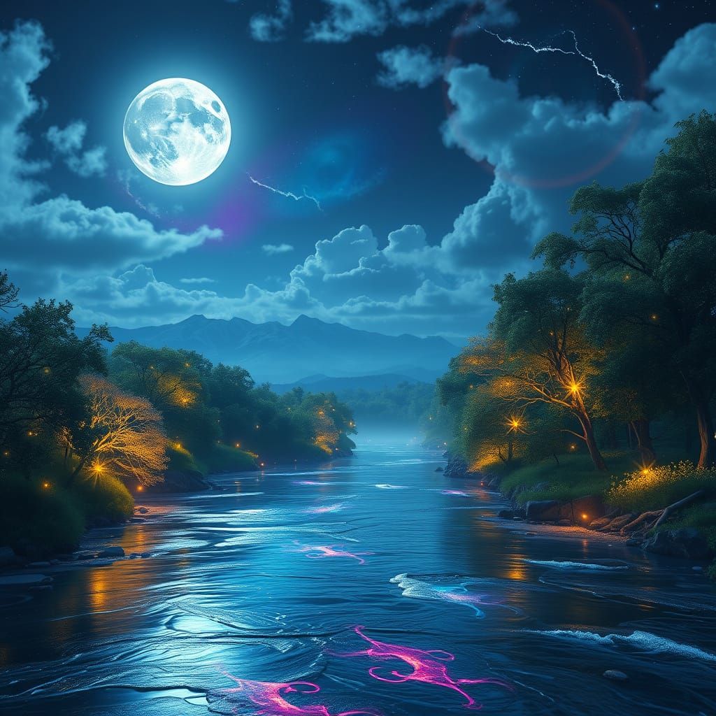 Moonlit River Flows Through Mystical Dreamscape