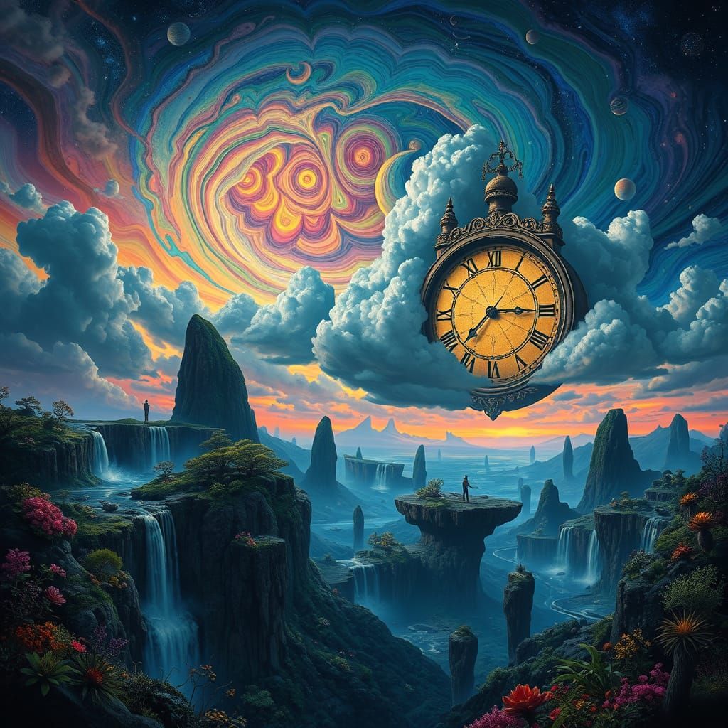 Dreamlike Floating Islands with Celestial Sky and Antique Cl...