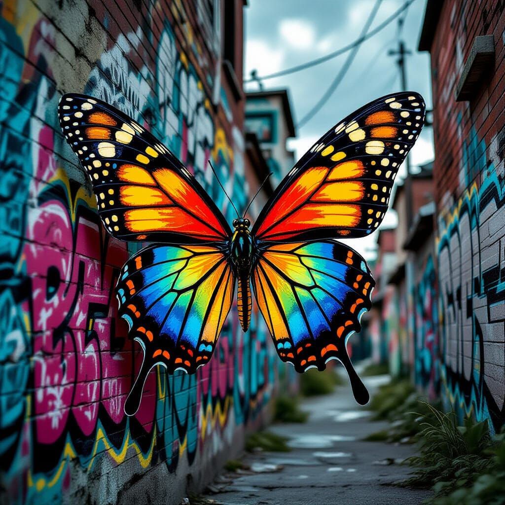 Giant Rainbow Butterfly in Ghetto Street Art
