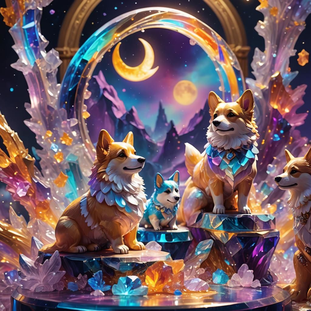 Crystal Corgis on Crescent Moon Pedestal