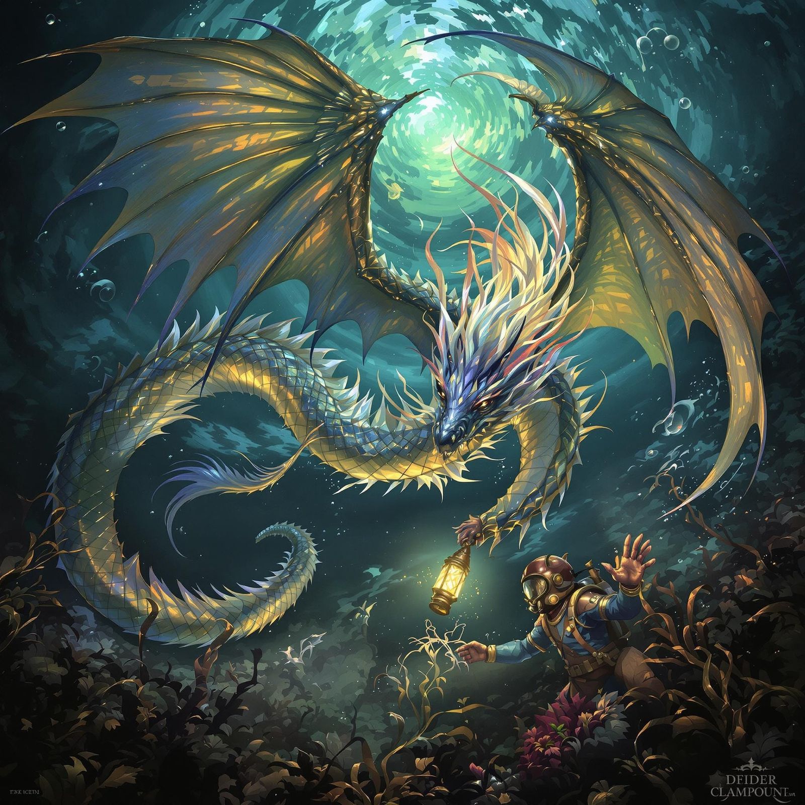Majestic Water Dragon Meets Vintage Diver in Dark Fantasy Ar...