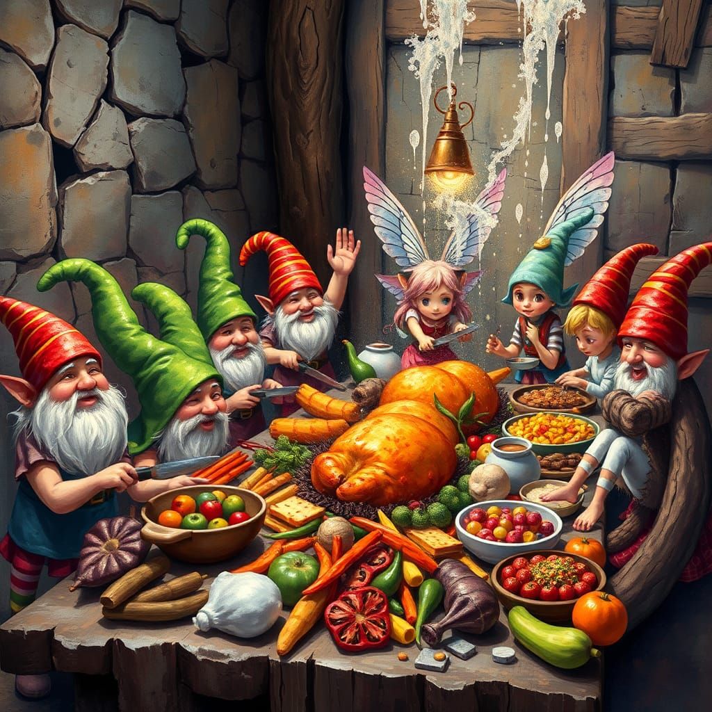 Gnomes and Fairies Prepare a Whimsical Feast