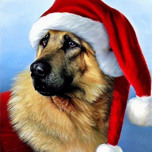 German Shepherd in Santa Hat, Oil Painting Style