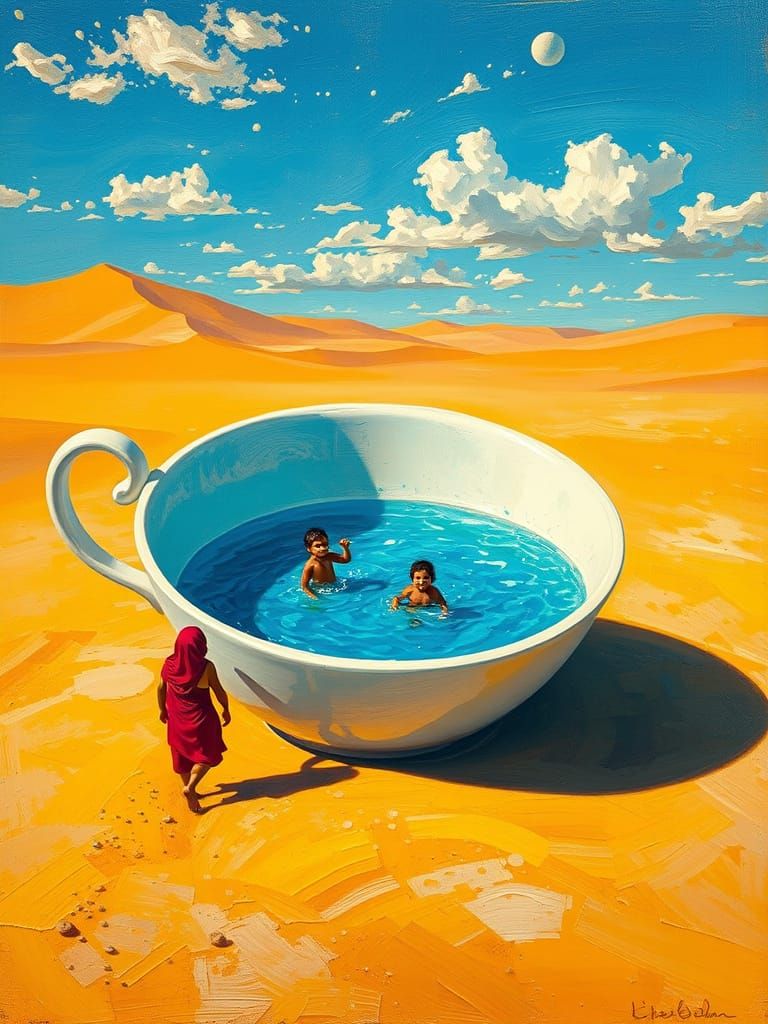 Giant Teacup Oasis in Desert, Children Joyfully Swimming