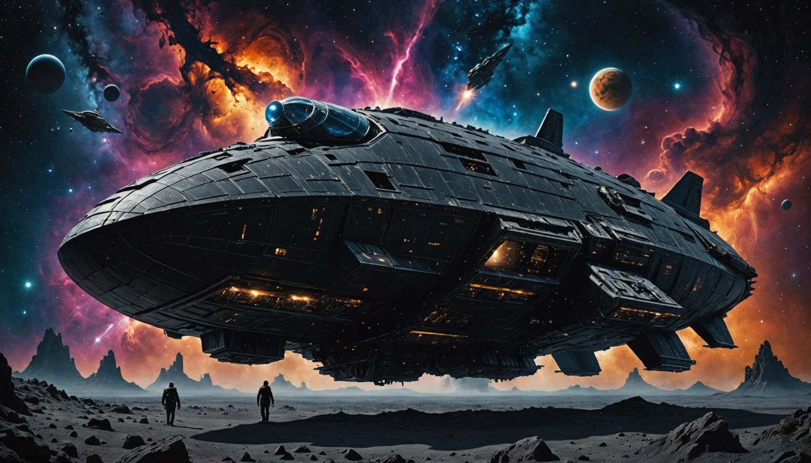 Derelict Spaceship in Cosmic Nebula, Dark Fantasy Art