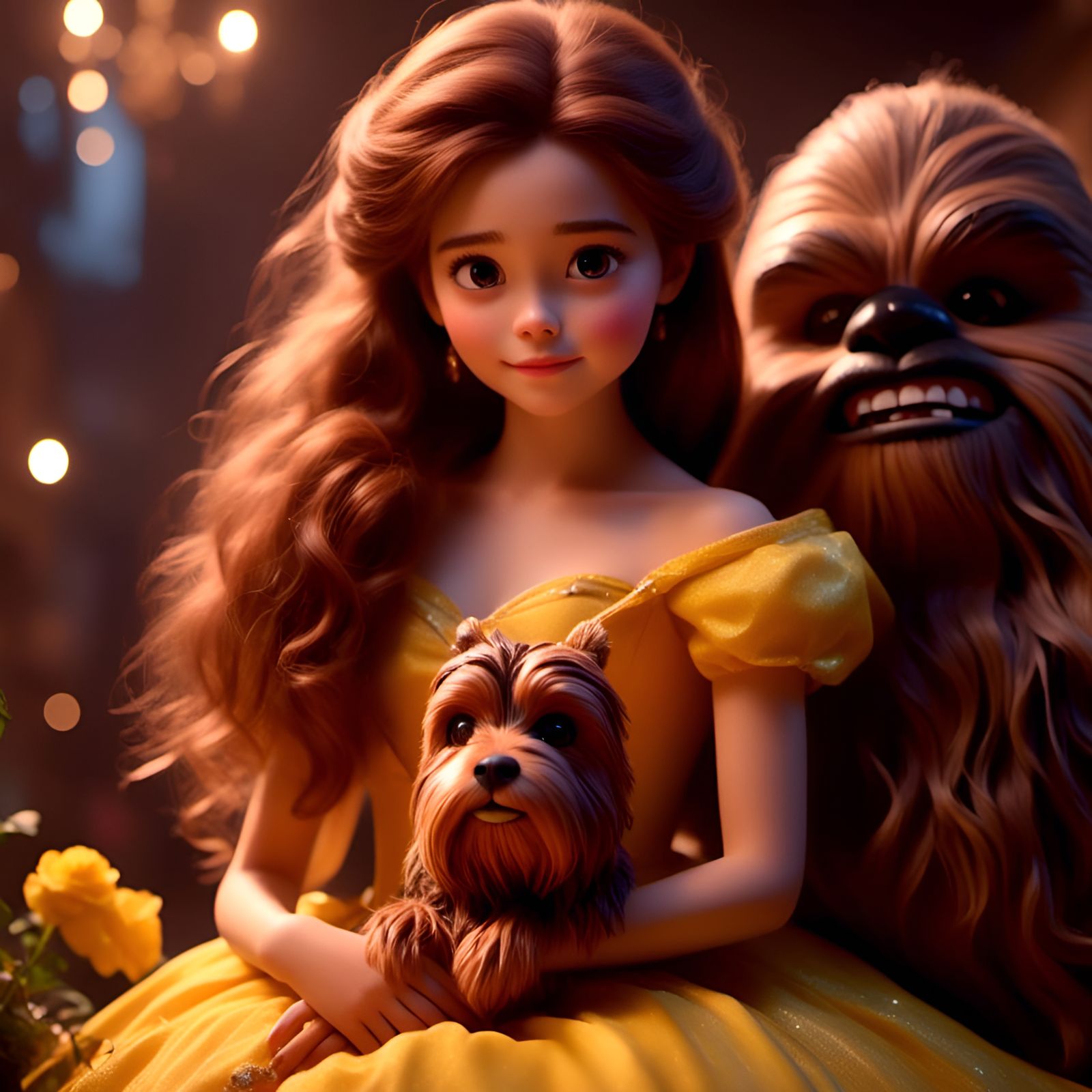 Princess Belle and Chewbacca Portrait in Animation Style