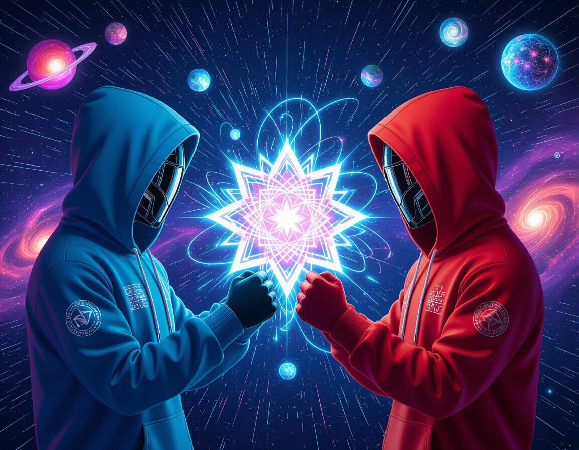 Cyber Avatars' Energetic Fist Bump in Cyberpunk Style