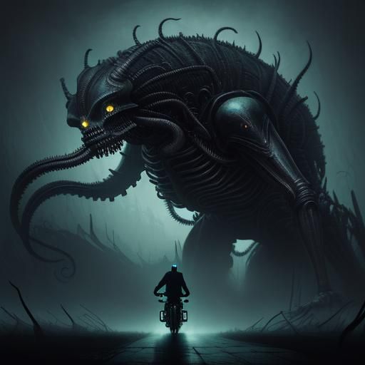 Metalhead Escapes Grotesque Creature in Dark Fantasy Style