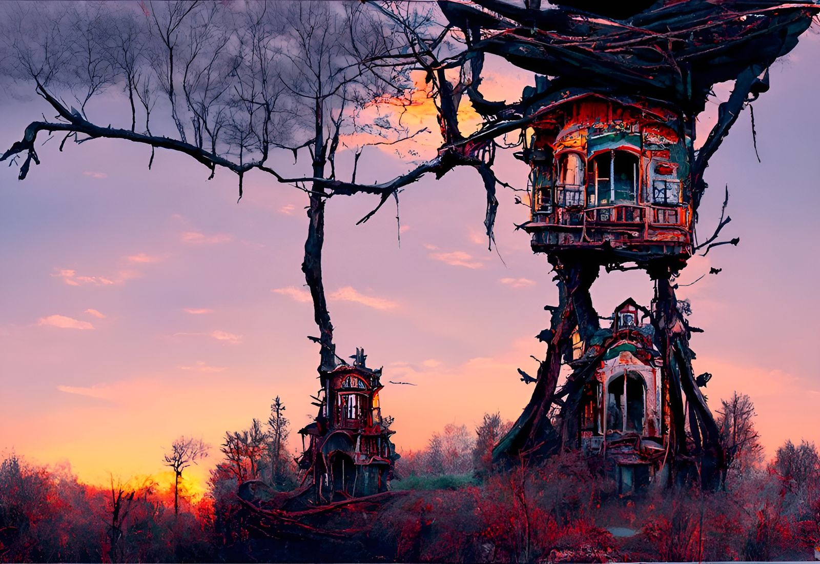 Post-Apocalyptic Victorian Treehouse at Sunset