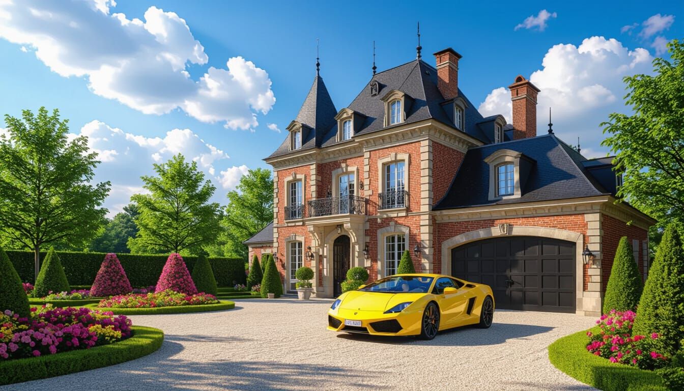 Elegant Chateau with Yellow Car and Vibrant Garden