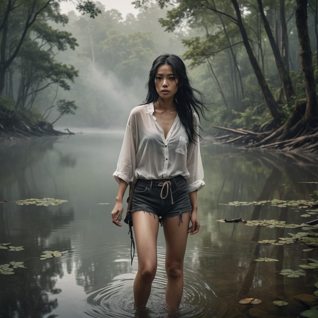 Asian Woman by Lake in Realistic Digital Art