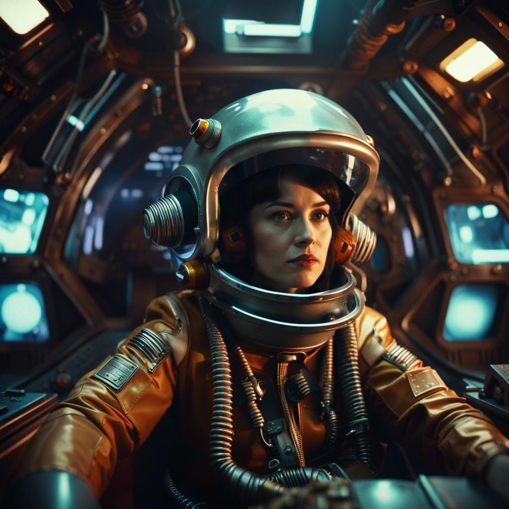 Female Space Pilot in Atomic Punk Cockpit Interior