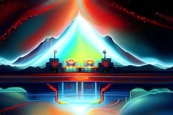 Martian Gas Station Under Nebula Sky