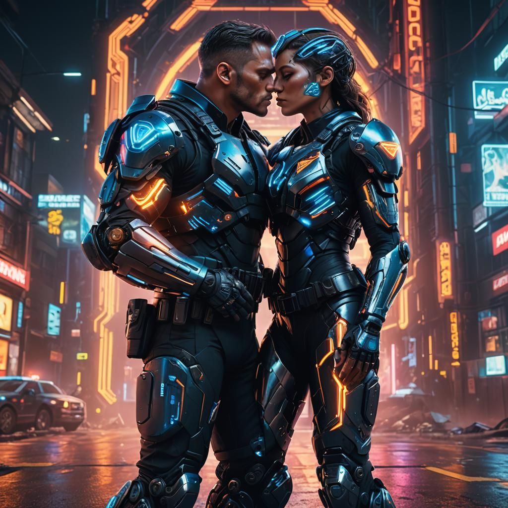 Cyborg Police Officers Kiss in High-Tech Cityscape