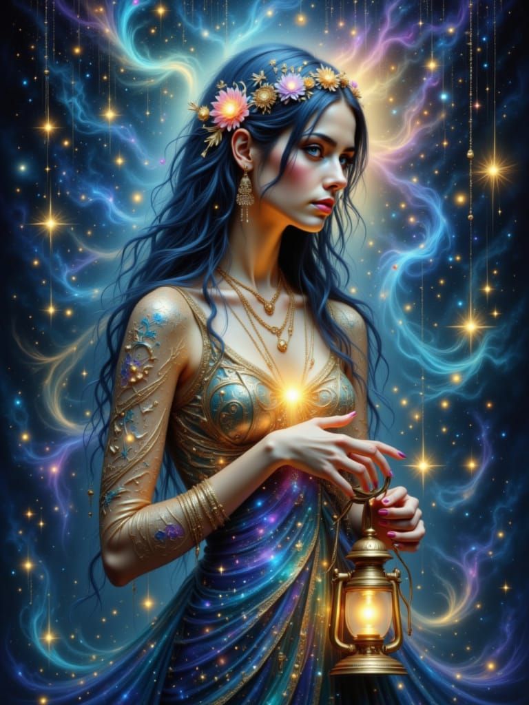 Cosmic Woman with Lantern in Art Nouveau Style
