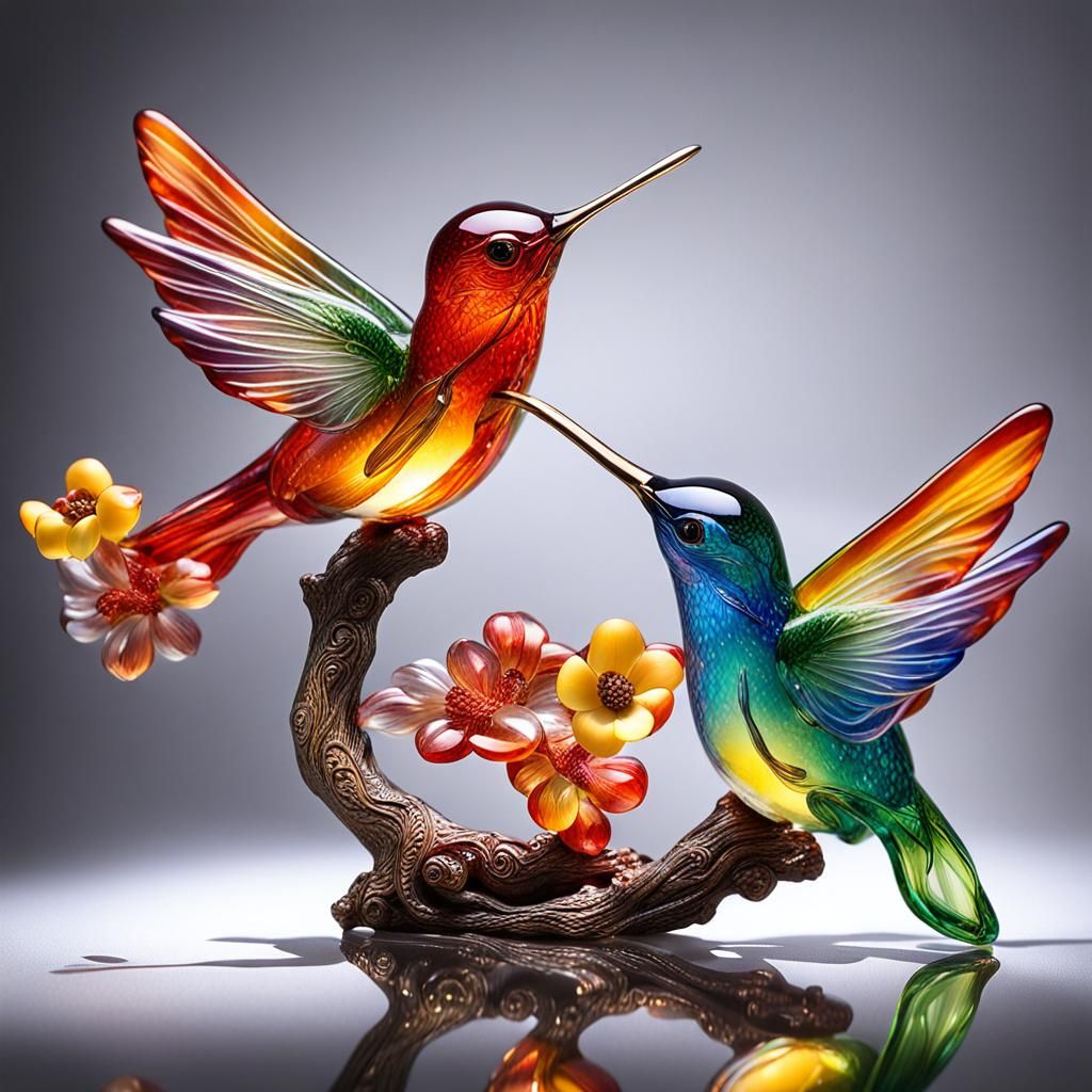Little fairy heikuh Glass art: super figurine of a beautiful two hummingbirds on a bough made from delicately tinted pai...