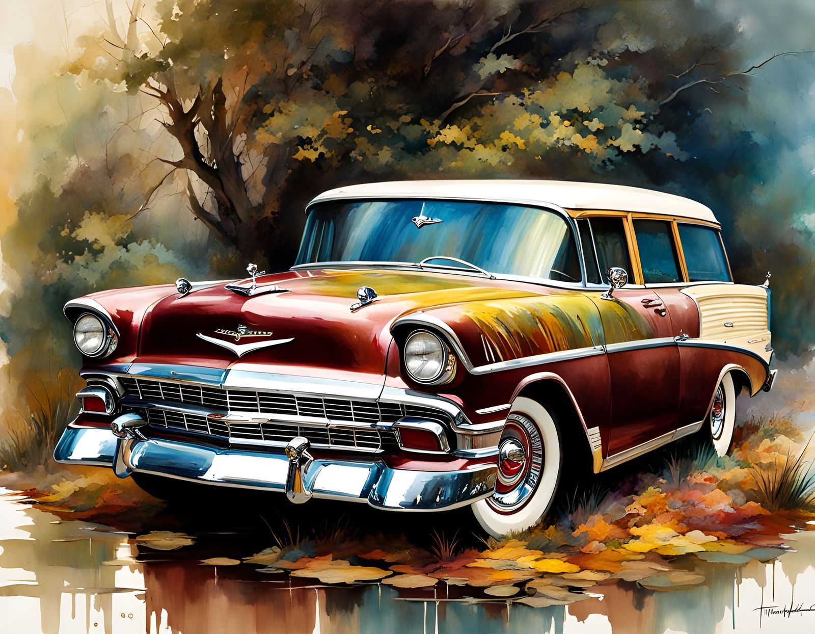 1956 Chevy Nomad in Loose Watercolor Style