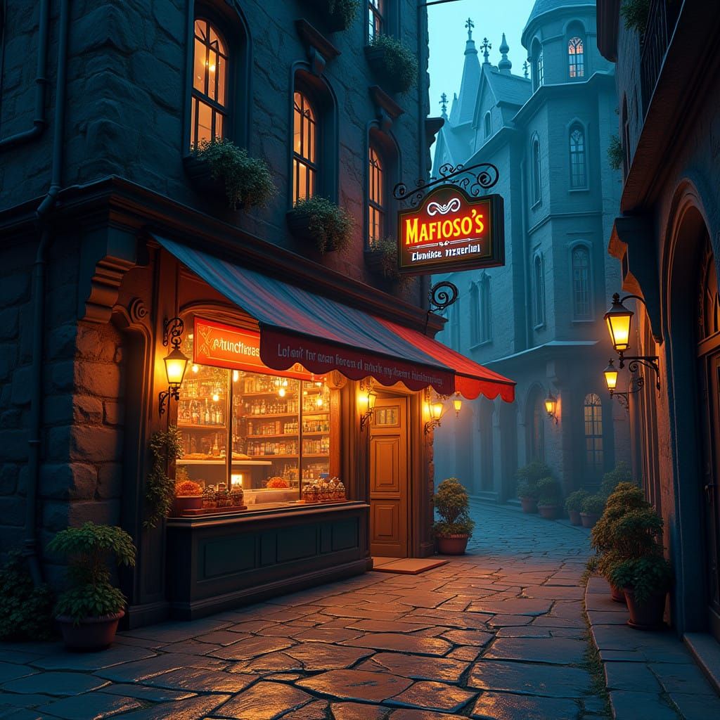 Mystical Pizzeria in Dreamlike Alleyway