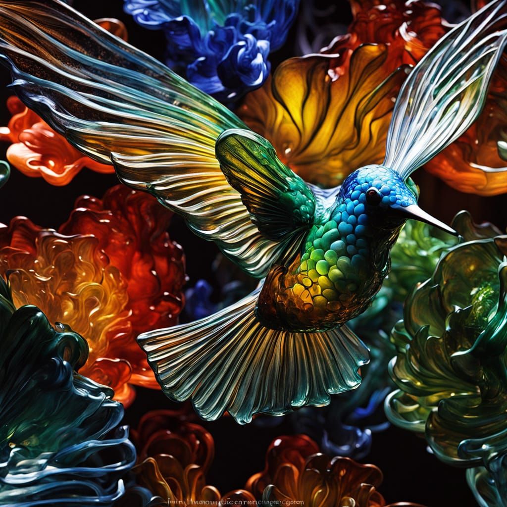 Glass Hummingbird in Icy Suspension, Inspired by Chihuly's E...