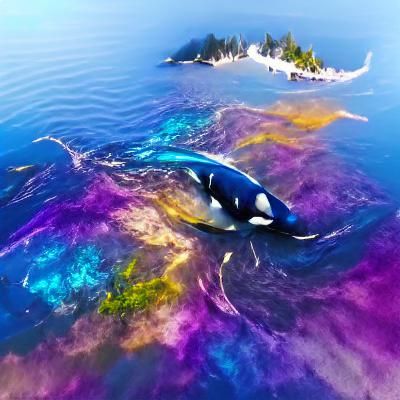 Orca Whale in Iridescent Watercolor Sea