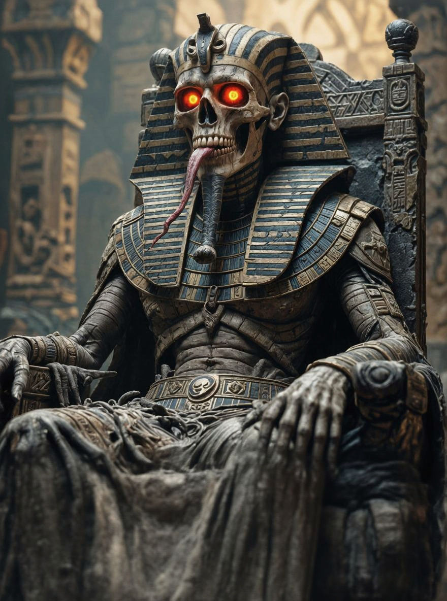 Terrifying Mummified Pharaoh on Throne: Fantasy Concept Art