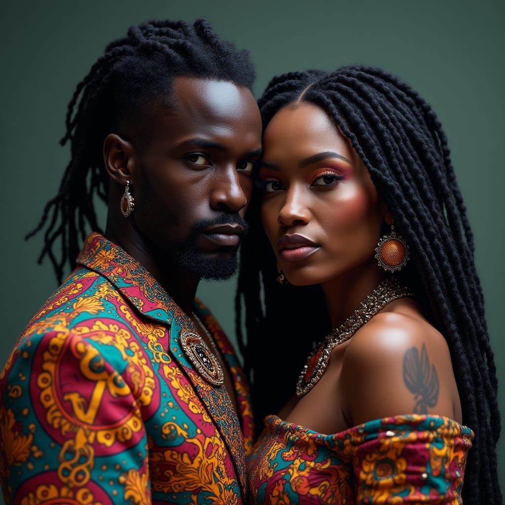 Hyperrealistic Black Couple in Neon-Lit African Attire