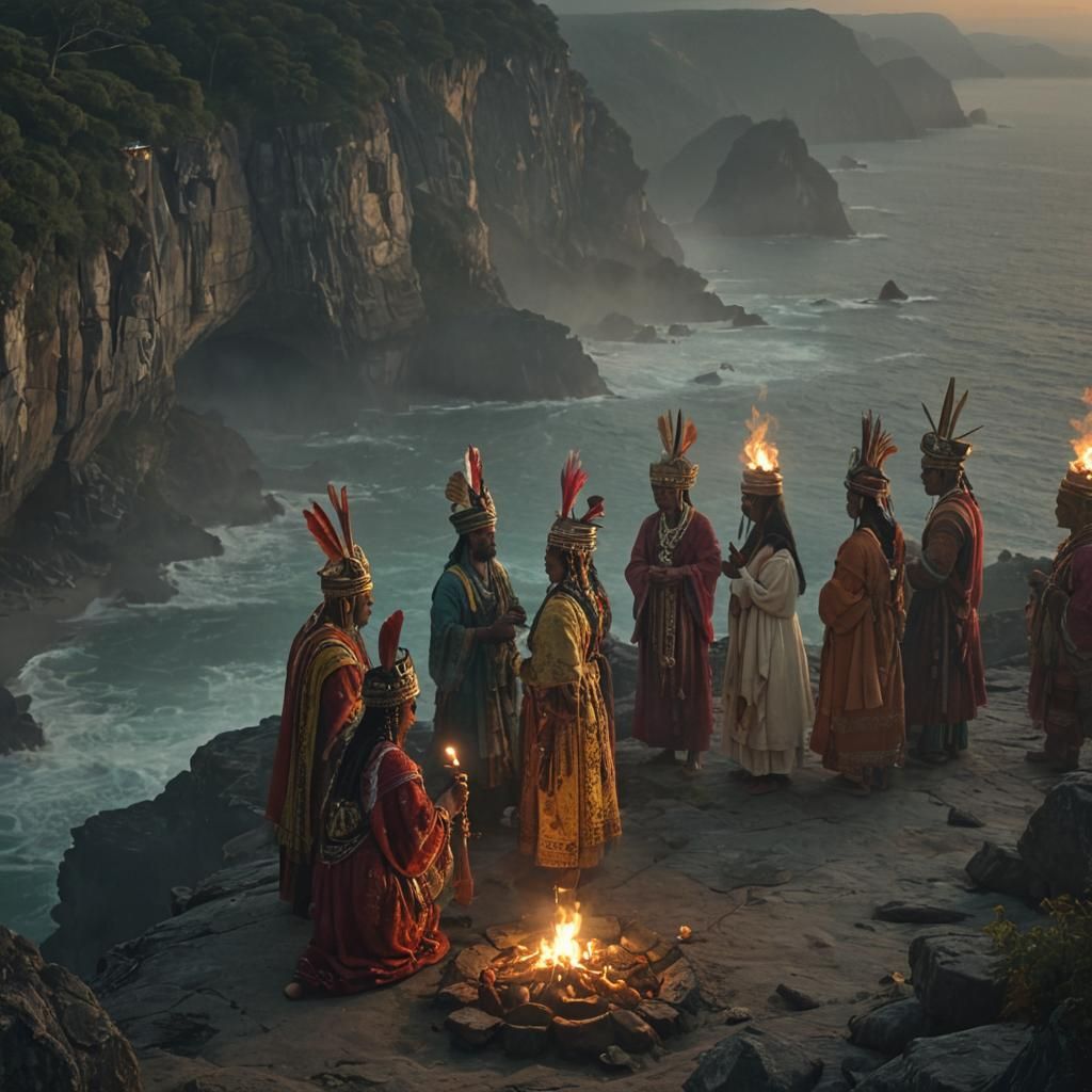 Mystical Ritual on Misty Cliff: Photorealistic Film Still