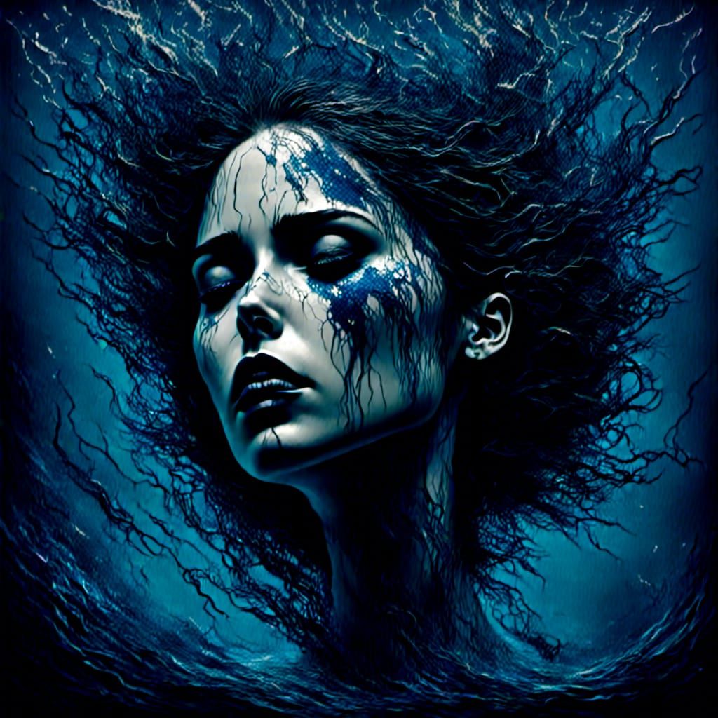 Monochrome Blue: Woman Drowning in Pointillist Impasto